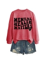 Pink Mental Health Matters sweatshirt with distressed denim shorts on white background - Red (Black Font)