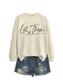 Detail of Let Them lettering on long sleeve sweatshirt and distressed denim shorts - Sand (Black Print)