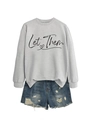 Detail of grey Let Them sweatshirt and blue distressed denim shorts set on white background - Grey (Black Print)