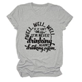 Detail of grey crewneck t-shirt featuring 'Well well well' typography on cotton fabric - Light Gray (Black Font)