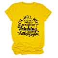 Detail of yellow cotton T-shirt with well well well if it print and cuffed sleeves - Yellow (Black Font)