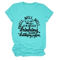 Detail of turquoise crew neck T-shirt with black text print and folded cuff sleeves - Deep Water Blue (Black Font)