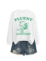 Détail du sweat-shirt blanc avec imprimé coq et short en jean bleu pour femmes - Blanc
