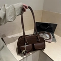 Retro brown suede underarm bag with front leather pockets and a cherry pendant - With Cherry Pendant / Brown