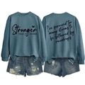 Front and back detail of blue sweatshirt with Stronger Than The Storm text and denim shorts - S / Black Font / Blue