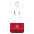 Borsa a tracolla in velluto rosso trapuntato con catena dorata e logo in metallo - Rosso
