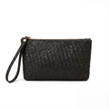 Modische schwarze Clutch aus geflochtenem Leder mit goldenem Reißverschluss und Handschlaufe - Schwarz