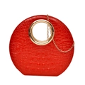 Elegant red crocodile texture handbag with gold circular metal handle and chain strap - Red