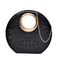 Chic black crocodile pattern round handbag with gold circular metal handle and chain strap - Black
