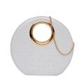 White crocodile pattern cloud bag with gold circular metal handle and chain strap - White