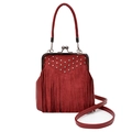 Sac à bandoulière vintage en daim rouge foncé avec rivets métalliques et pompons - Bordeaux
