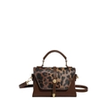 Retro small square bag with leopard print flap and dark brown litchi pattern leather - Leopard Brown