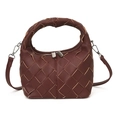 Bolso bombonera de cuero tejido marrón oscuro con cremallera plateada y asa gruesa - Burdeos