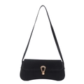 Minimalist black suede baguette underarm bag with gold metal U-lock and slim shoulder strap - Black