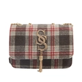 Chique geruite crossbodytas met gouden logo-hardware en kettingriem op wit - Bruin