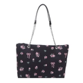 Black bucket bag with pink floral and bow patterns featuring silver chain strap - No Pendant / Black