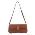 Deep caramel brown faux suede baguette bag with golden horseshoe buckle and long strap - Caramel Brown