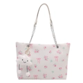 Borsa a secchiello bianca con fiori e fiocchi rosa con catena in argento - Con Ciondolo a Nuvola / Bianco