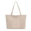 Beige tote bag featuring repetitive M-letter patterns and embossed leather patch - Without Pendant / White