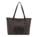 Dark brown tote bag with M letter print and round leather logo patch on white background - Without Pendant / Brown