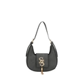 Dunkelgraue sichelförmige PU-Schultertasche mit goldenem Logo und stilvollem Quasten-Detail - Schwarz