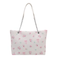 White bucket bag with pink floral rose and bow prints featuring silver chain strap - No Pendant / White