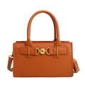 Caramel brown leather square handbag with golden heart lock and adjustable strap - Brown