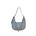 Blue denim crescent shoulder bag with gold SS logo and tassel charm for women - Blue