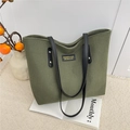 Bolso tote grande de pana verde militar con correas de cuero PU negro para oficina - Verde