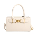 Cream white rectangular leather tote bag with golden heart buckle and adjustable strap - White