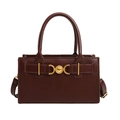 Retro dark brown leather crossbody bag with vintage golden metal hardware and top handles - Brown