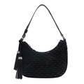 Black crescent pleated hobo bag with rhinestone tassel accent for women fashion - Black