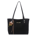 Large vintage black leopard print tote bag with gold metal plate and bear charm pendant - Black With Rabbit Pendant