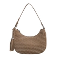 Khaki brown crescent shoulder bag with pleated texture and tassel charm on white background - Light Khaki