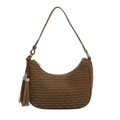 Brown half-moon shoulder bag with pleated fish scale texture and rhinestone tassel charm - Dark Khaki