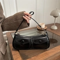 Glossy black patent leather underarm bag with double front flap pockets and adjustable strap - Black