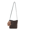 Stylish leopard print bucket shoulder bag with brown plush bear charm on white background - Green with Pendant
