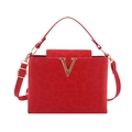 Red velvet square handbag with leopard embossing and a gold V-shaped metal hardware logo - Leopard Embossed Style / Red