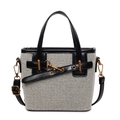 Chic beige canvas bucket bag with black leather trim and detachable shoulder strap - Canvas Patchwork Style / Grey and Black
