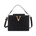Chic black leopard print bucket bag with gold V hardware and adjustable shoulder strap - Dark Leopard Style / Black