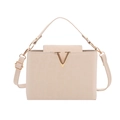 Elegant beige crossbody bag with leopard print accent and golden V-shaped buckle - Off-White Solid Style / White