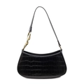 Minimalist black crocodile pattern baguette bag with golden chain and shoulder strap - Black