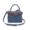 Borsa vintage in denim blu con finiture in pelle marrone e cinturino decorativo - 16.5x8x12cm / Blu scuro