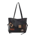 Grand sac cabas noir en cuir avec écussons vintage et détails de cordon pour femme - Noir
