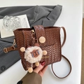 Dark brown woven bucket bag with large wooden button and cute plush bear charm - Brown with Pendant