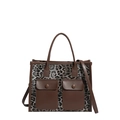 Retro leopard print tote bag with brown faux leather pockets and detachable shoulder strap - Gray