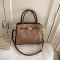 Retro brown textured satchel with gold swivel lock and vertical embossed pattern - Brown No Pendant