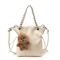 Creamy white chain bucket bag with adjustable strap and cute plush bear charm - White With Pendant