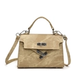 Vintage khaki textured handbag with silver lock and adjustable strap on white background - Khaki