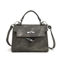 Gray washed denim trapezoid handbag with silver twist lock and adjustable shoulder strap - Black